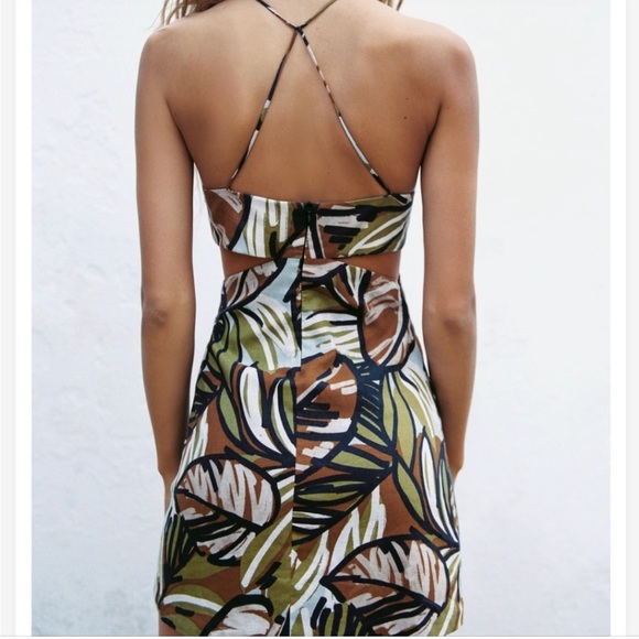 NWOT Zara Side Cutouts Spaghetti Straps Tropical 
Print Linen Mini Dress - Picture 4 of 5